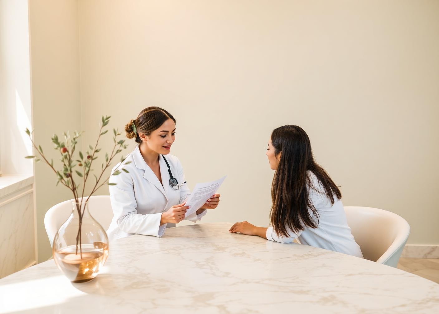 Practitioner reviewing an intake form with a client during a consultation in a calm treatment suite