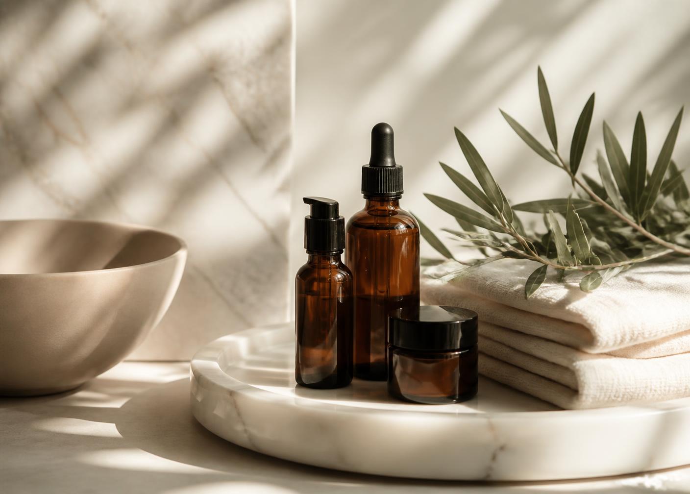 Skincare bottles, folded linen and olive leaves on a marble tray