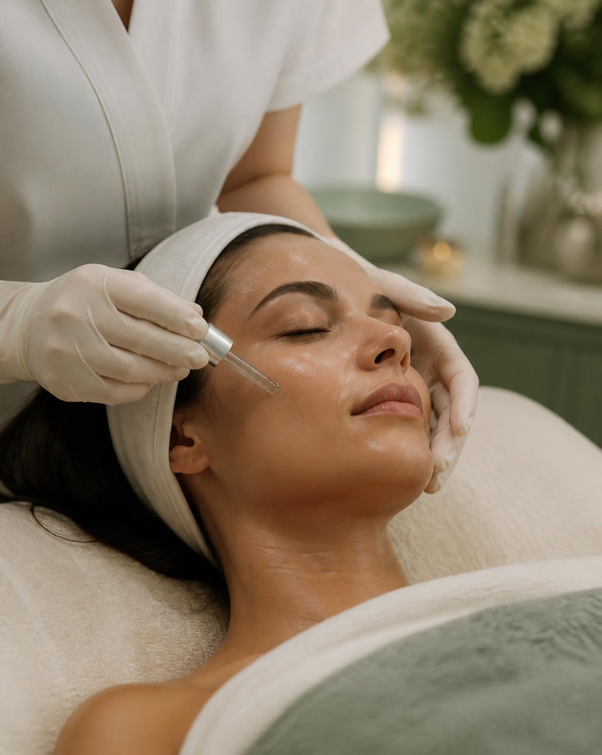 Practitioner applying a skincare serum during a facial in a luxury medical spa