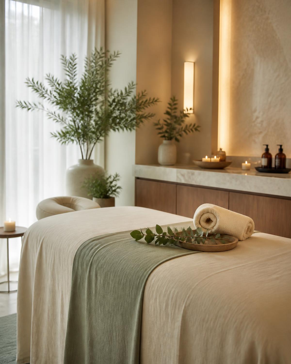 Serene massage treatment room with linen draping and eucalyptus