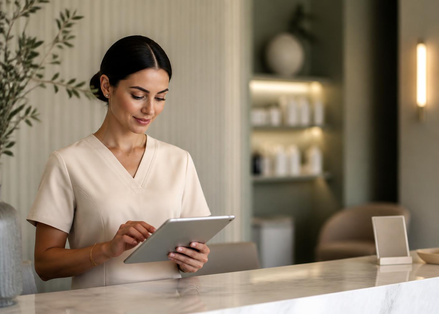 Clinic practitioner reviewing the day's schedule on a tablet at a marble front desk