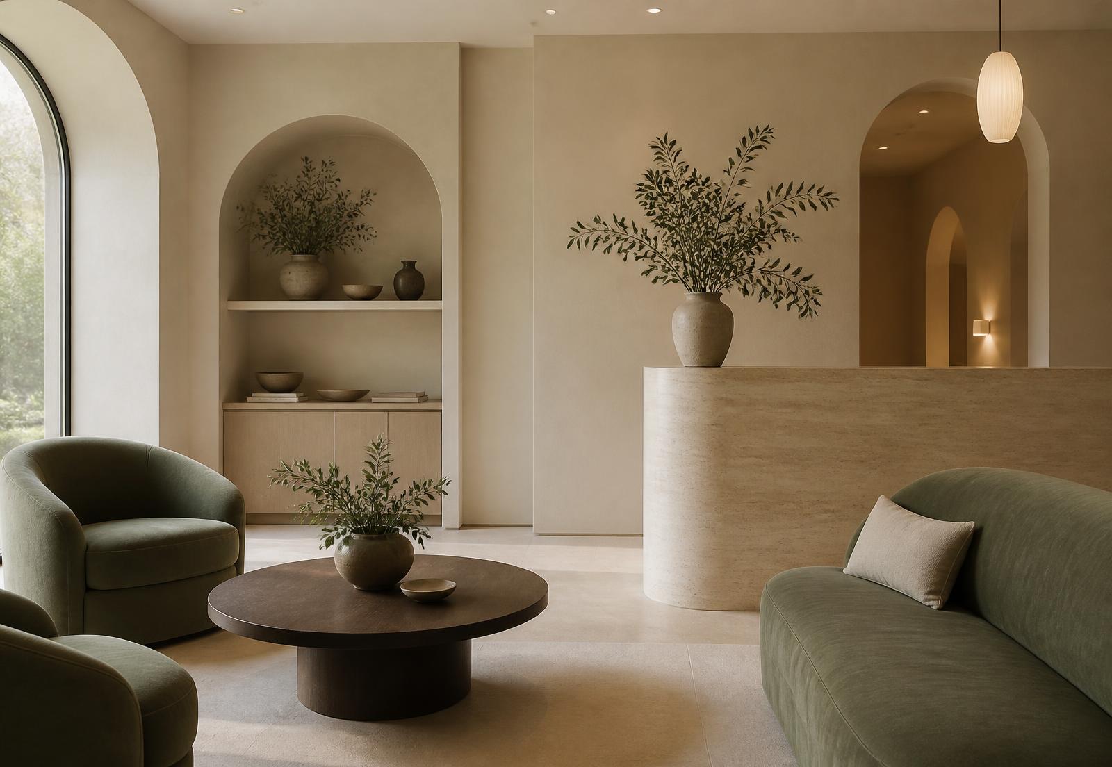 Calm cream and sage reception lounge of a luxury wellness clinic